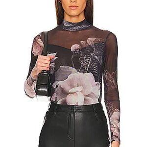 Allsaints Bodysuit in Black Mono Floral Mesh Long Sleeve Top Black Pink 6
